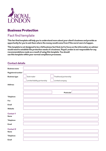 Front page of Royal London's "Business Protection Fact find template" document