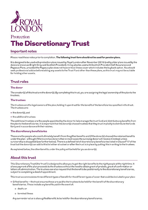 Front page of Royal London's "Discretionary Trust" document