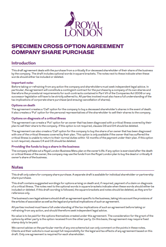 Front page of Royal London's "Specimen Cross Option Agreement - Company Share Purchase" document