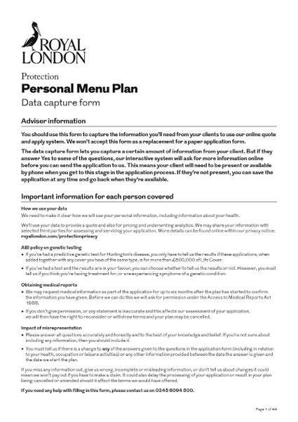 Front page of Royal London's "Personal Menu Plan data capture form" document